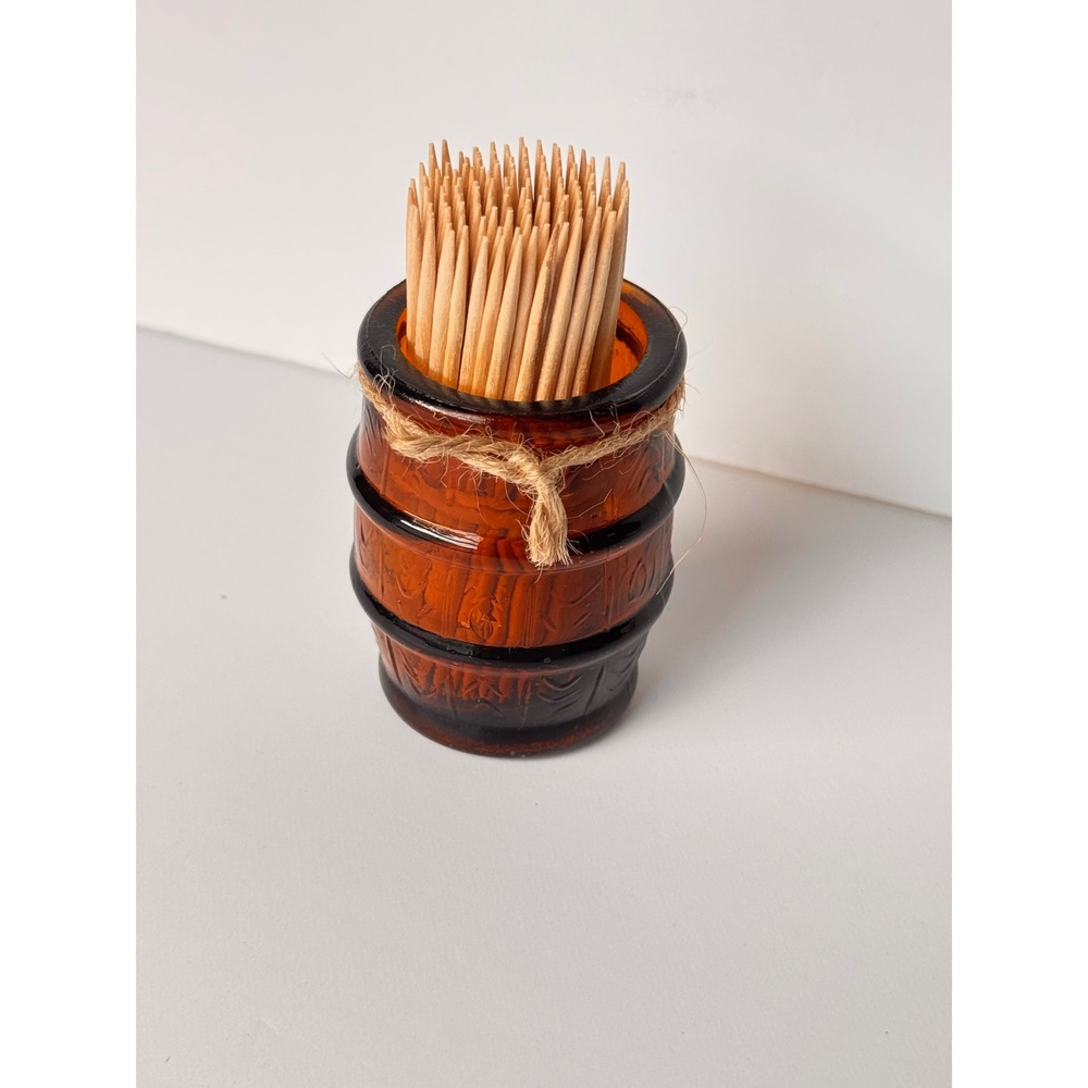 Vintage Amber Glass Barrel Toothpick Holder Taiwan Rustic Brown Whiskey Barrel